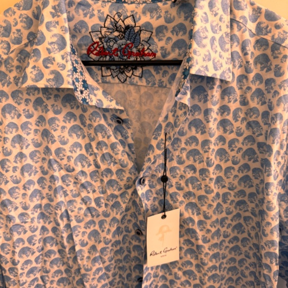 NWT Robert Graham Blue Skull Print Classic Fit Button-Up Shirt Men's X-Large XL - Picture 2 of 4